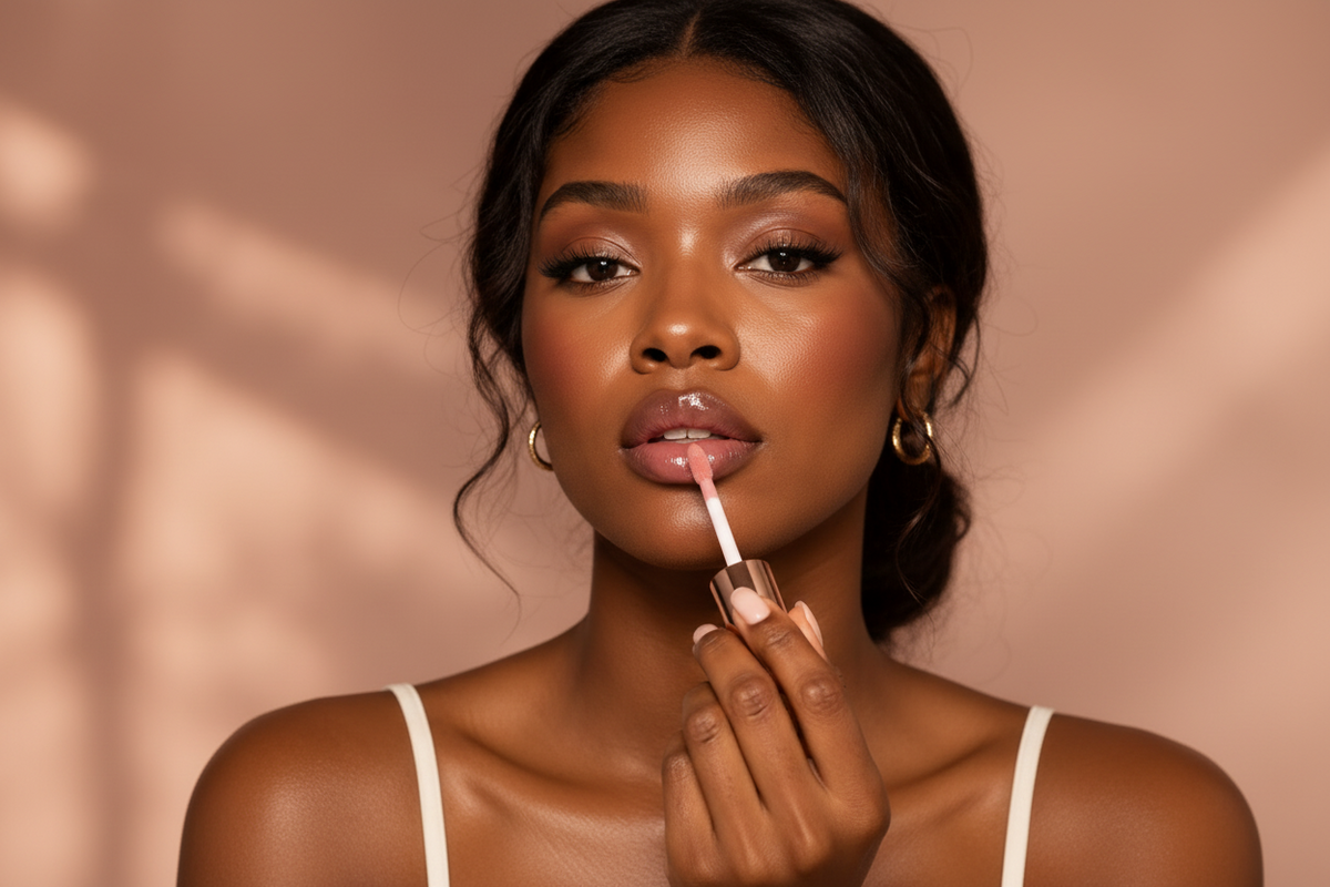 A close-up lifestyle shot of a woman applying a pink lip gloss with a doe-foot applicator. She is wearing gold hoop earrings and a white spaghetti strap top, set against a warm beige background with soft leaf shadows.